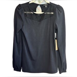 Halogen black long sleeve puff shoulder lace eyelet detail office work top NWT S